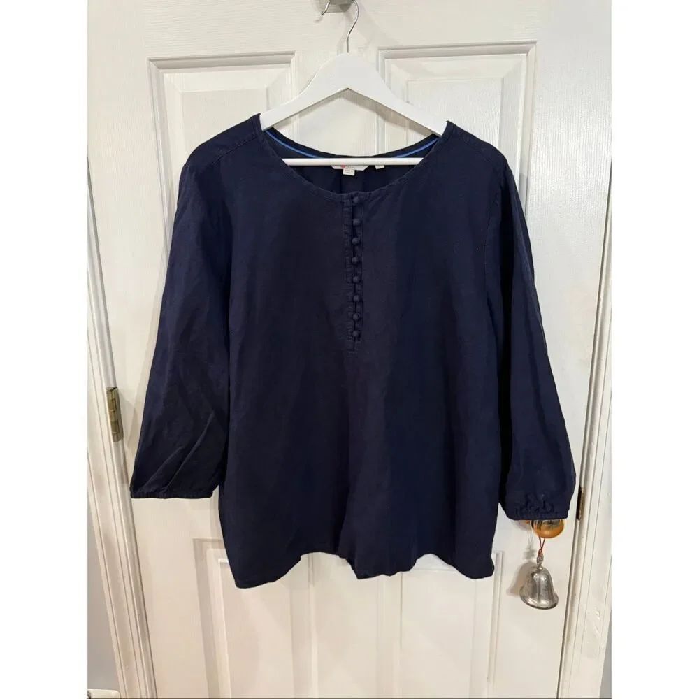 Boden Navy Linen Blend Button Tunic Top sz 18 EUC